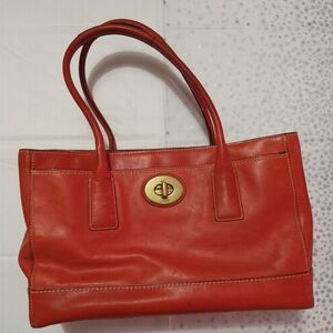 Coach Red Orange Tote Bag with Gold Hardware and Structured Design